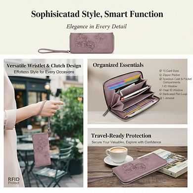 KSIZUIS RFID Travel Wristlet Purse - Embossed Vegan Leather with Multi-Card Slots, Large Capacity