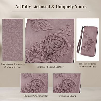 KSIZUIS RFID Travel Wristlet Purse - Embossed Vegan Leather with Multi-Card Slots, Large Capacity