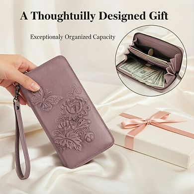 KSIZUIS RFID Travel Wristlet Purse - Embossed Vegan Leather with Multi-Card Slots, Large Capacity