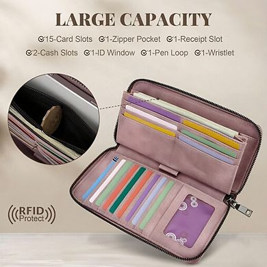 KSIZUIS RFID Travel Wristlet Purse - Embossed Vegan Leather with Multi-Card Slots, Large Capacity
