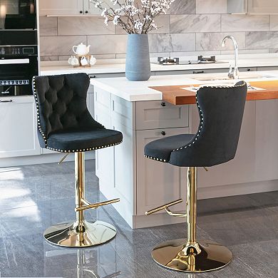 Merax Set of 2 Modern Swivel Bar Stools Velvet Upholstered with Tufted