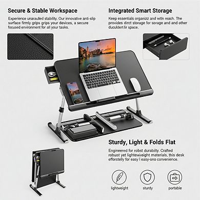 KSIZUIS Laptop Bed Tray with Drawer - Adjustable PVC Leather & Foldable for Sofa, Bed, Floor