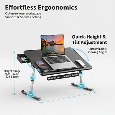 KSIZUIS Laptop Bed Tray with Drawer - Adjustable PVC Leather & Foldable for Sofa, Bed, Floor