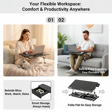 KSIZUIS Laptop Bed Tray with Drawer - Adjustable PVC Leather & Foldable for Sofa, Bed, Floor
