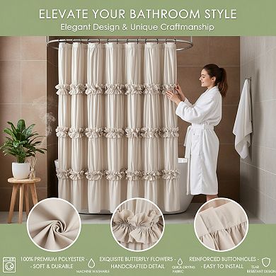 Vintage Microfiber Shower Curtain with Ruched Bow Tie and Buttonholes