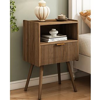 Modern Walnut Brown Nightstand with Drawer & Shelf for Small Spaces: Easy Assembly
