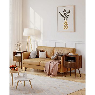 Modern Walnut Brown Nightstand with Drawer & Shelf for Small Spaces: Easy Assembly