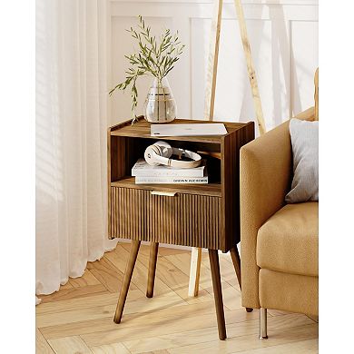 Modern Walnut Brown Nightstand with Drawer & Shelf for Small Spaces: Easy Assembly