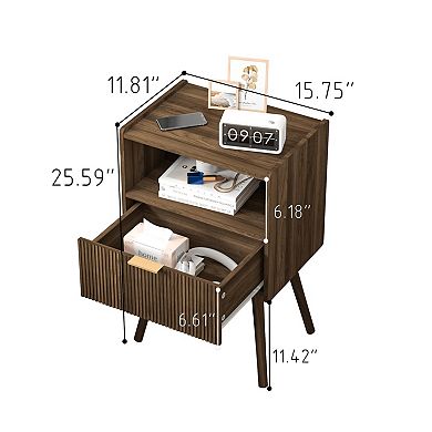 Modern Walnut Brown Nightstand with Drawer & Shelf for Small Spaces: Easy Assembly