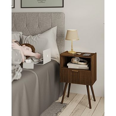 Modern Walnut Brown Nightstand with Drawer & Shelf for Small Spaces: Easy Assembly