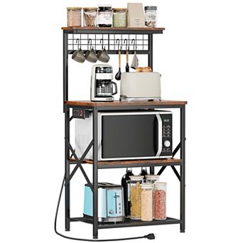 Bakers Rack with Power Outlet: 4 tier Kitchen Storage, Coffee Bar, Microwave Stand, Rustic Brown