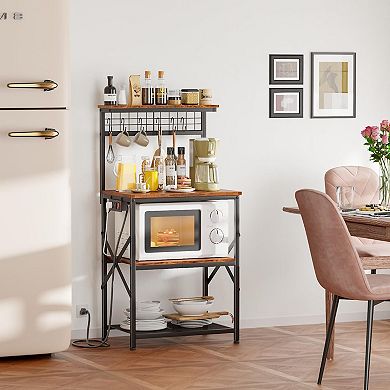 Bakers Rack with Power Outlet: 4-Tier Kitchen Storage, Coffee Bar, Microwave Stand, Rustic Brown