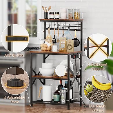 Bakers Rack with Power Outlet: 4-Tier Kitchen Storage, Coffee Bar, Microwave Stand, Rustic Brown
