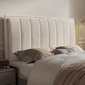 3.1" Thick Sponge Upholstered Headboard: Quick 2-Screw Assembly, Beige Corduroy, Elegant Stripes