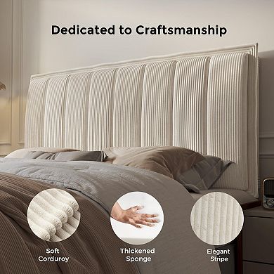 3.1" Thick Sponge Upholstered Headboard: Quick 2-Screw Assembly, Beige Corduroy, Elegant Stripes
