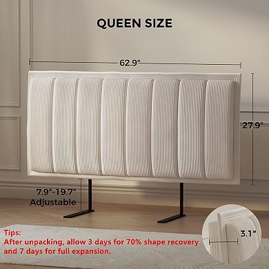 3.1" Thick Sponge Upholstered Headboard: Quick 2-Screw Assembly, Beige Corduroy, Elegant Stripes