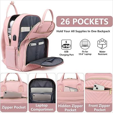 Women's 15.6 Inch Laptop Backpack with USB Port, Waterproof Work & Travel Bookbag in Pink
