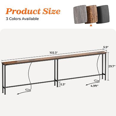 102" Sofa Table with 2 Power Outlets & USB-C Ports, 5.9" Narrow Design, Extra-Long for Entryway