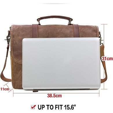 KSIZUIS Vintage Waxed Canvas Messenger Bag - 15.6” Waterproof Genuine Leather Satchel, Brown