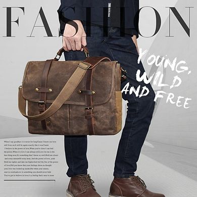 KSIZUIS Vintage Waxed Canvas Messenger Bag - 15.6” Waterproof Genuine Leather Satchel, Brown
