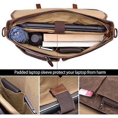 KSIZUIS Vintage Waxed Canvas Messenger Bag - 15.6” Waterproof Genuine Leather Satchel, Brown