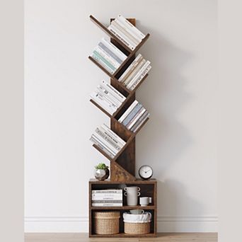 Compact Modern Tall Narrow Bookshelf with Storage, Rustic Brown, for Bedrooms/Living Rooms/Home