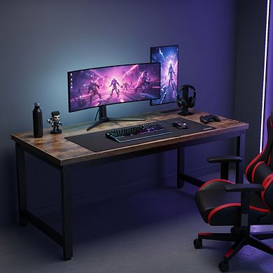 KSIZUIS Office Desk with Power Outlets & USB-C - 55"x24" Heavy Duty Metal Frame, Rustic Brown