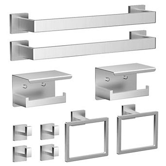 Brushed Nickel 10 pc Modern Bathroom Set: 2x16" Towel Bars, 2xTP Holders, 2xTowel Rings, 4xRobe