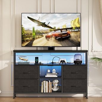 LED Smart TV Stand with 4 Drawers, Power Outlets, & Open Shelves for Bedroom or Living Room