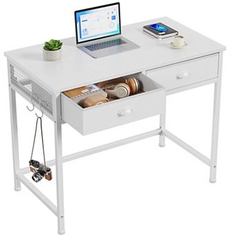 34" Simple Desk with Fabric Drawers: Multi-Purpose Vanity, Writing, Study, Gaming Table with Hooks