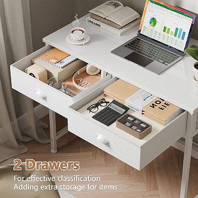 34" Simple Desk with Fabric Drawers: Multi-Purpose Vanity, Writing, Study, Gaming Table with Hooks