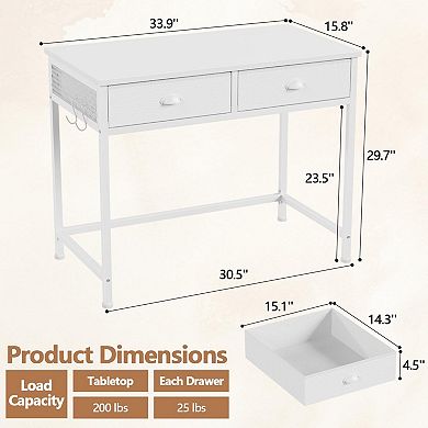 34" Simple Desk with Fabric Drawers: Multi-Purpose Vanity, Writing, Study, Gaming Table with Hooks