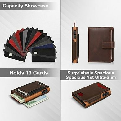 KSIZUIS Smart Pop-Up Wallet - Aluminum Bifold with RFID Blocking, ID Window & Cash Strap, Holds 13 C