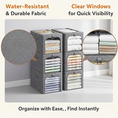 KSIZUIS Metal-Frame Storage Bins 6-Pack - 40L Stackable Fabric with Zipper Lid, Foldable