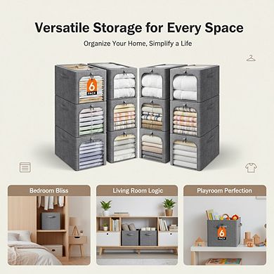 KSIZUIS Metal-Frame Storage Bins 6-Pack - 40L Stackable Fabric with Zipper Lid, Foldable
