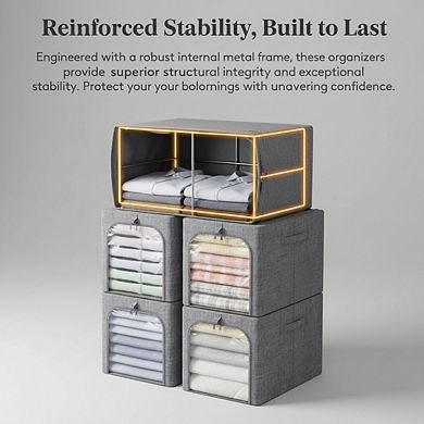 KSIZUIS Metal-Frame Storage Bins 6-Pack - 40L Stackable Fabric with Zipper Lid, Foldable