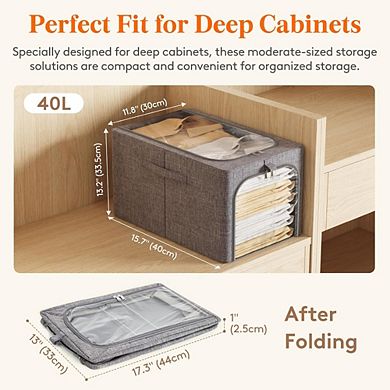 KSIZUIS Metal-Frame Storage Bins 6-Pack - 40L Stackable Fabric with Zipper Lid, Foldable