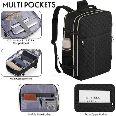 Women's Travel Backpack Flight Approved with USB Charging Port Water Resistant for 17 Laptop Black