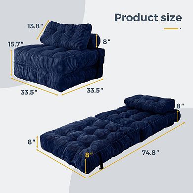 Navy Blue Folding Sofa Bed: Convertible, Reclining, Portable, with Headrest & Lumbar Pillow
