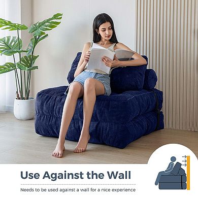 Navy Blue Folding Sofa Bed: Convertible, Reclining, Portable, with Headrest & Lumbar Pillow