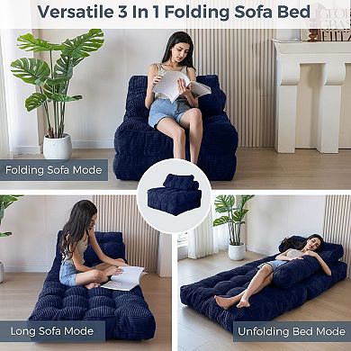 Navy Blue Folding Sofa Bed: Convertible, Reclining, Portable, with Headrest & Lumbar Pillow