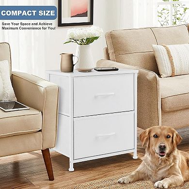 Great Ambitions White Nightstand with 2 Fabric Drawers, 20" Bedside Table, College Dorm Furniture