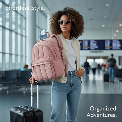 Women's Quilted Laptop Backpack Water-Resistant Daypack Dark Pink