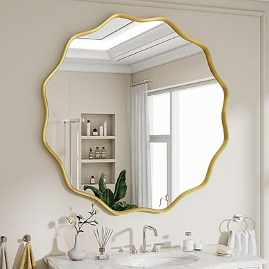 KSIZUIS Wavy Edge Round Mirror - 30” Gold Metal Frame Wall Mounted for Bathroom & Living Room