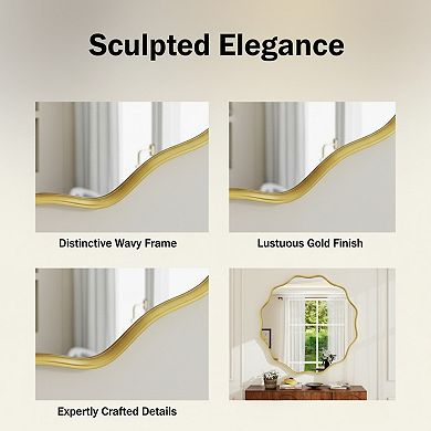 KSIZUIS Wavy Edge Round Mirror - 30” Gold Metal Frame Wall Mounted for Bathroom & Living Room