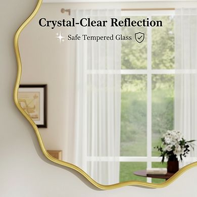 KSIZUIS Wavy Edge Round Mirror - 30” Gold Metal Frame Wall Mounted for Bathroom & Living Room