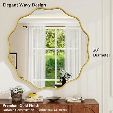 KSIZUIS Wavy Edge Round Mirror - 30” Gold Metal Frame Wall Mounted for Bathroom & Living Room