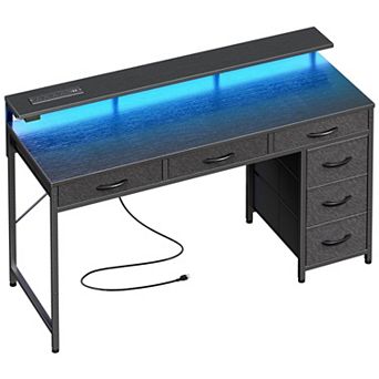 Gaming Desk with 6 Drawers, LED Lights, Power Outlets, Type-C, Monitor Stand, Black