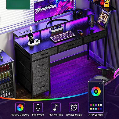 Gaming Desk with 6 Drawers, LED Lights, Power Outlets, Type-C, Monitor Stand, Black
