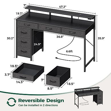 Gaming Desk with 6 Drawers, LED Lights, Power Outlets, Type-C, Monitor Stand, Black